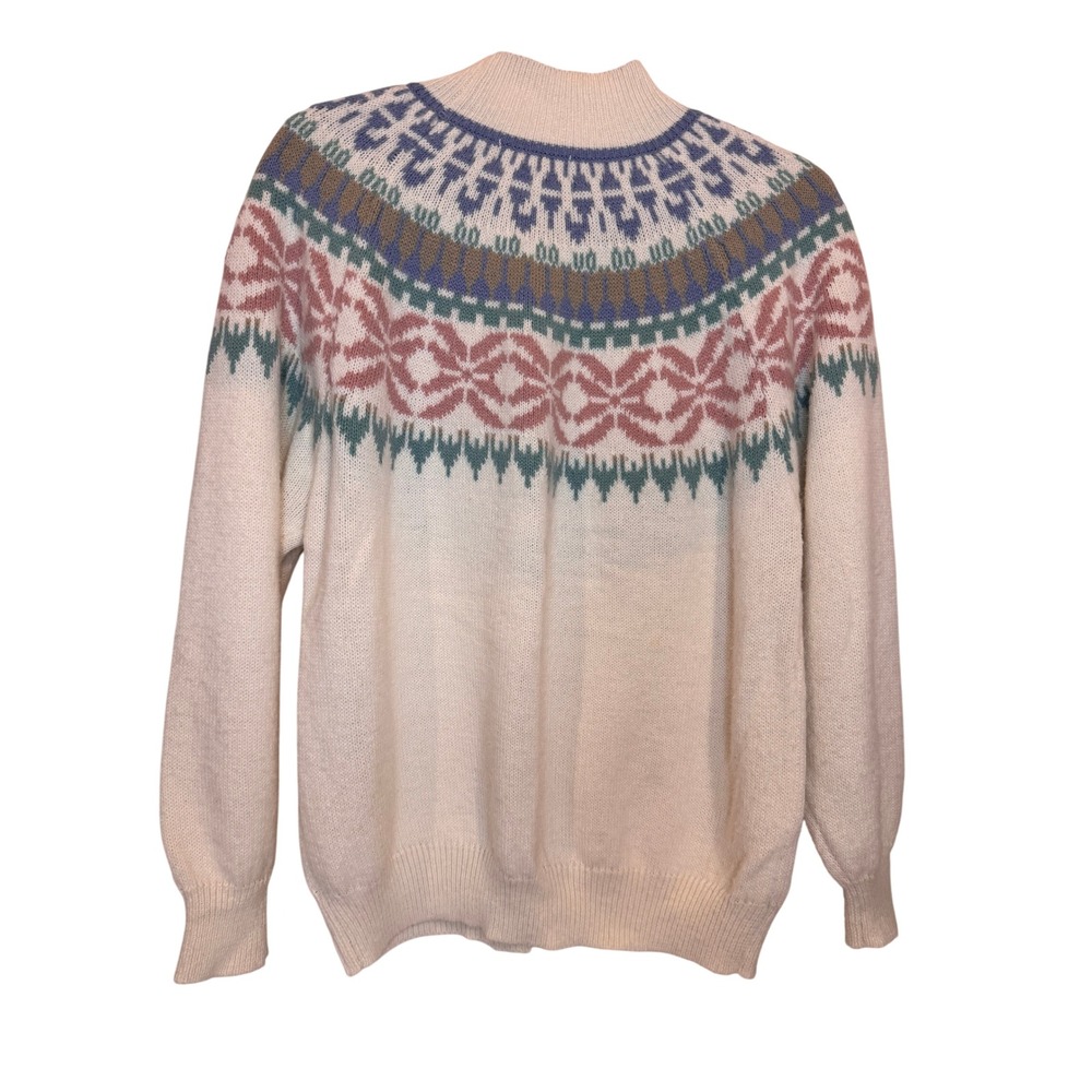 Fair Isle Knit Sweater Size L Mock Neck Pastel Pullover Yoked winter ski 80s - Picture 4 of 8